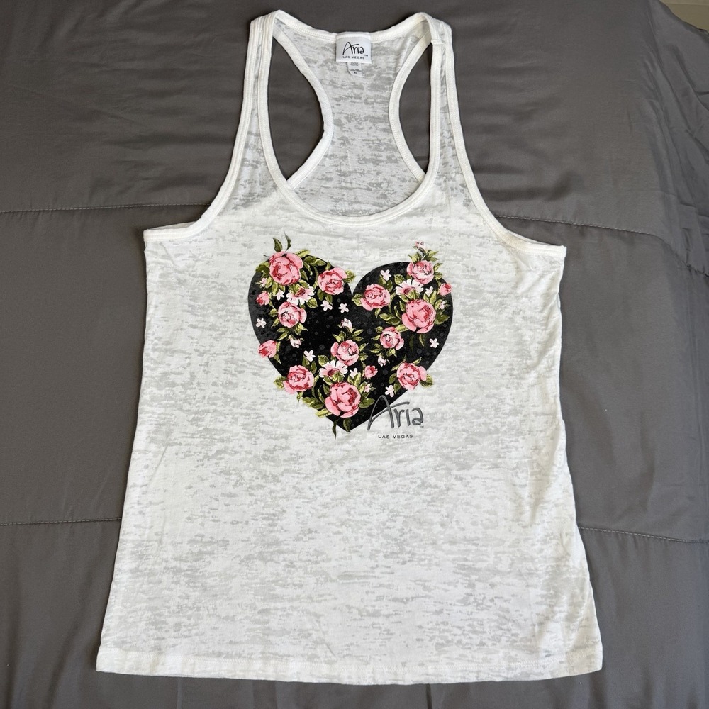 Aria Las Vegas Womens Burnout Tank Top XL White Floral Heart Graphic Racerback